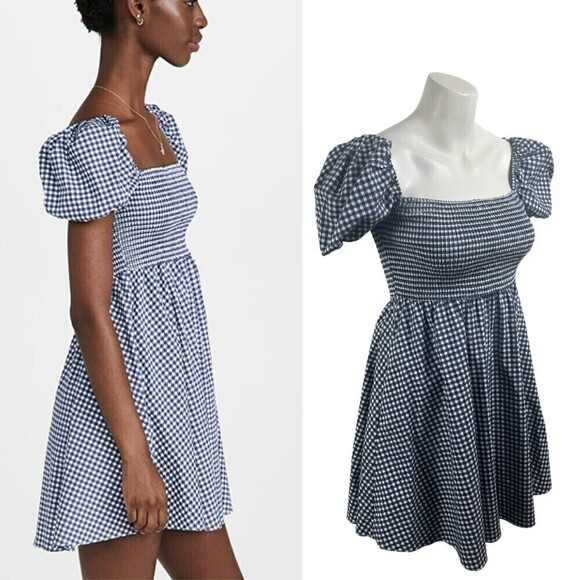 CAROLINE CONSTAS Gianna Navy Gingham Size S Fit & Flare Smocked Party Mini Dress - Picture 3 of 10